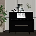 Black Upright Piano and Art Supplies with Open Sheet Music and Decorative Plants