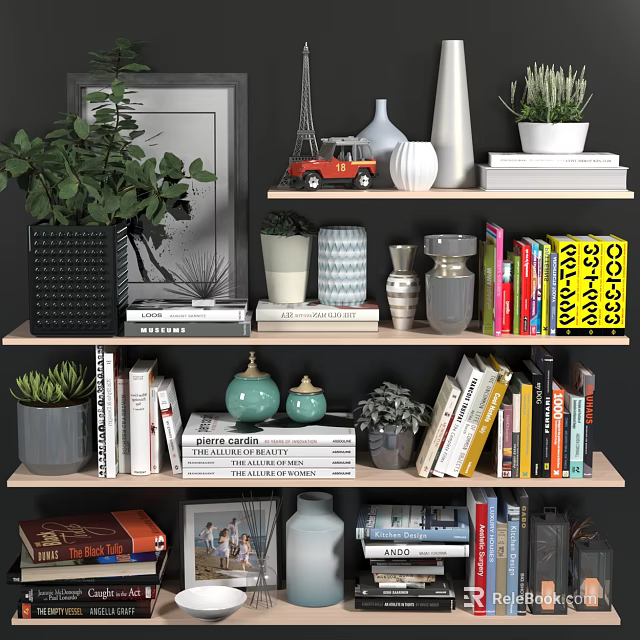Stylish Decorative Ornament Display On Shelves With Books Potted Plants Vases And Frames 3d model 