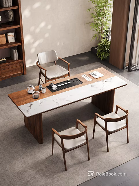 Serene Tea Room Interior With Wooden Marble Top Table Comfortable Chairs And Tea Sets 3d model 