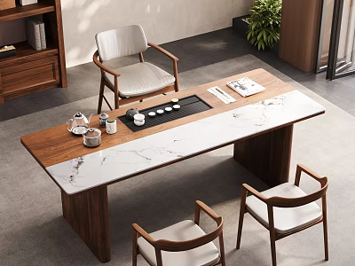 Serene Tea Room Interior With Wooden Marble Top Table Comfortable Chairs And Tea Sets 3d model