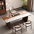 Serene Tea Room Interior With Wooden Marble Top Table Comfortable Chairs And Tea Sets