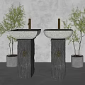 Elegant Stone Pedestal Sinks With White Countertop Golden Faucet And Green Plants