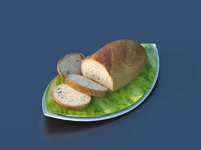 Freshly Baked Rustic Bread Sliced On Green Leaf Shaped Plate 3d model