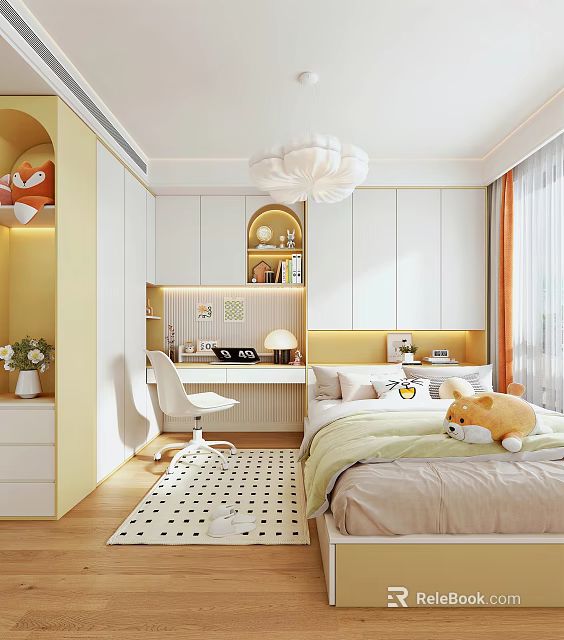 Cozy Modern Kids Room Interior With Stuffed Toys Polka Dot Rug Desk Chair And Chandelier 3d model 