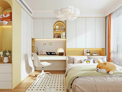 Cozy Modern Kids Room Interior With Stuffed Toys Polka Dot Rug Desk Chair And Chandelier 3d model