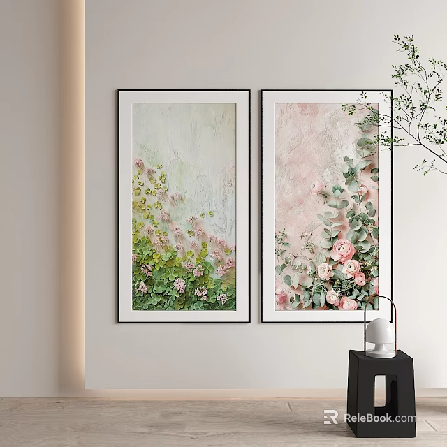 Two Abstract Paintings With Floral Motifs Soft Green Pink Tones Modern Wall Art Decor 3d model 