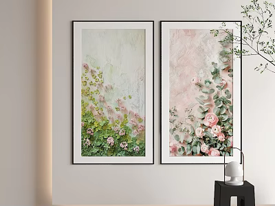 Two Abstract Paintings With Floral Motifs Soft Green Pink Tones Modern Wall Art Decor 3d model