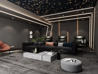 Modern Home Theater Room With Starry Ceiling Dark Walls Black Sofas And Ambient Lighting 3d model
