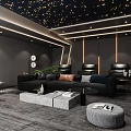 Modern Home Theater Room With Starry Ceiling Dark Walls Black Sofas And Ambient Lighting