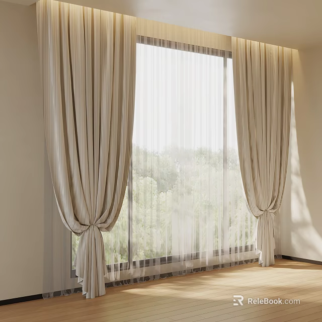 Ivory Curtains With Sheer Layers For Large Window And Green Natural View 3d model 