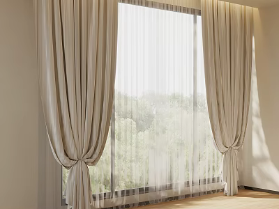 Ivory Curtains With Sheer Layers For Large Window And Green Natural View 3d model