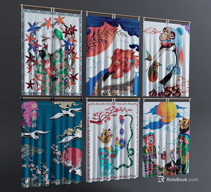 Colorful Kitchen Curtains With Traditional Artistic Floral Bird Animal Patterns 3d model 
