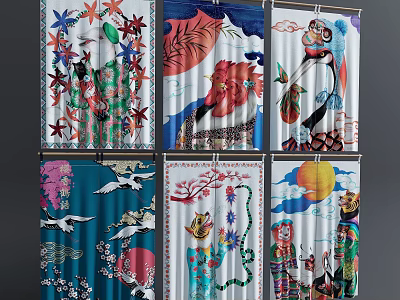 Colorful Kitchen Curtains With Traditional Artistic Floral Bird Animal Patterns 3d model