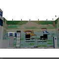 Colorful Exhibition Booth With Green Nature Backdrop Cartoon Characters Tables Chairs And Display Screen