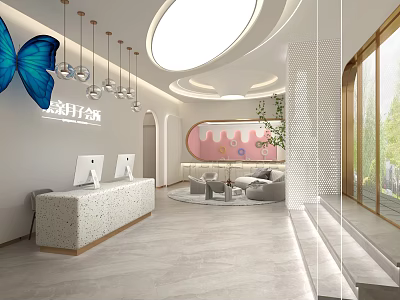 Modern Shop Front Desk With Reception Counter Seating Pendant Lights Circular Skylight And Plants 3d model