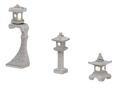 Three Different Traditional Outdoor Stone Lantern Lights With Decorative Design For Garden 3d model