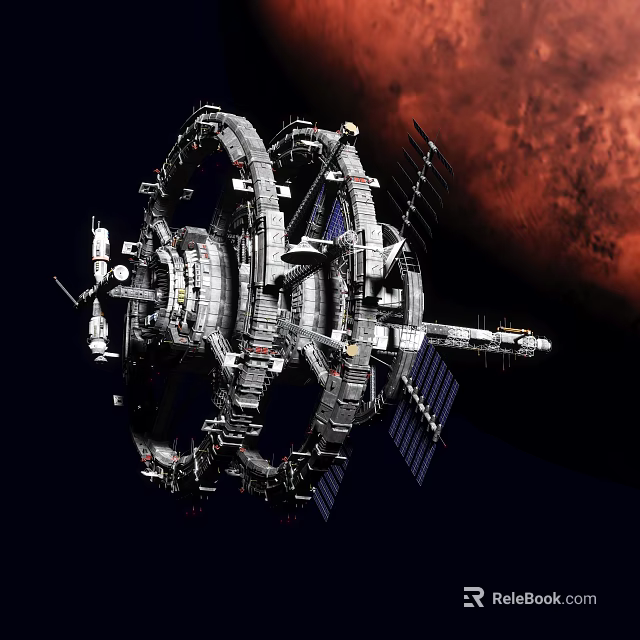 Cartoon Sci Fi Space Station With Circular Modules Solar Panels And Mars Background 3d model 