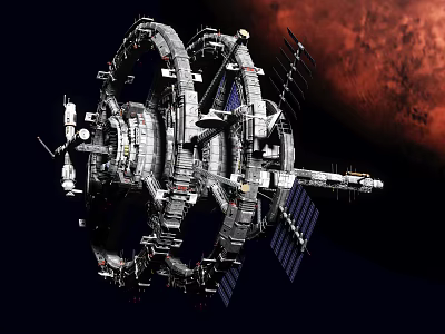 Cartoon Sci Fi Space Station With Circular Modules Solar Panels And Mars Background 3d model