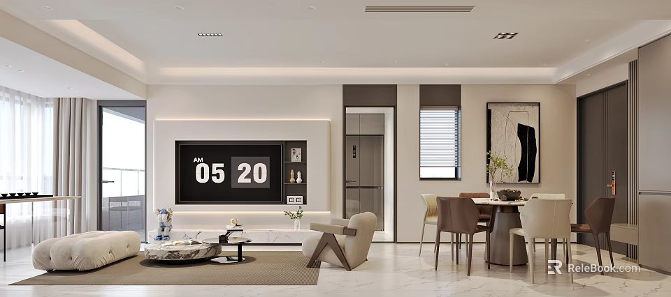 Modern Living Dining Room Interior Design With TV Wall Sofa Coffee Table And Dining Chairs 3d model