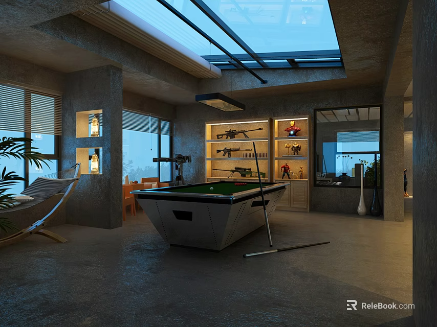 Modern Leisure Room Interior With Pool Table Skylight Windows And Storage Shelves 3d model 
