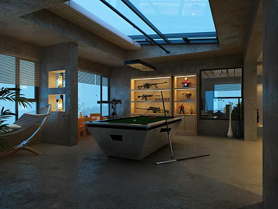 Modern Leisure Room Interior With Pool Table Skylight Windows And Storage Shelves 3d model
