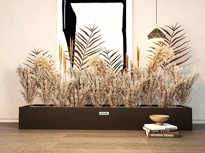 Tall Dried Grass and Fern Plant Combination in Black Rectangular Container for Modern Interior Decor 3d model