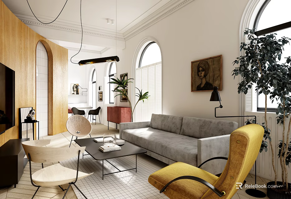 Modern Apartment Living Room With Gray Sofa Yellow Armchair And Arched Windows 3d model 