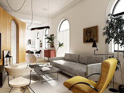 Modern Apartment Living Room With Gray Sofa Yellow Armchair And Arched Windows 3d model