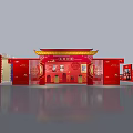 Red Themed Exhibition Booth Interior With Stage Seats And Display Counters 3d model