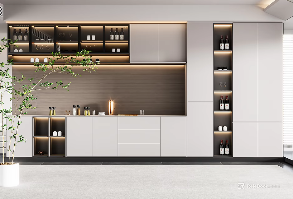 Modern White Wine Cabinet With Glass Doors LED Lighting And Marble Backdrop 3d model 