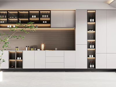 Modern White Wine Cabinet With Glass Doors LED Lighting And Marble Backdrop 3d model
