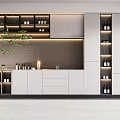 Modern White Wine Cabinet With Glass Doors LED Lighting And Marble Backdrop