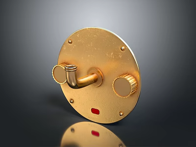 Golden Circular Device Featuring Curved Metal Component Two Knobs And Red Spot On Dark Surface With Reflection 3d model