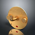 Golden Circular Device Featuring Curved Metal Component Two Knobs And Red Spot On Dark Surface With Reflection 3d model