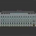 Classical Building Exterior With Cyan Facade Gray Roof Front Plaza And Lawn