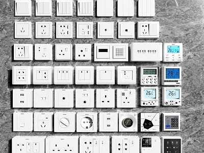 Modern White Switch Panels Featuring Various Sockets Controls And Digital Display Functions 3d model