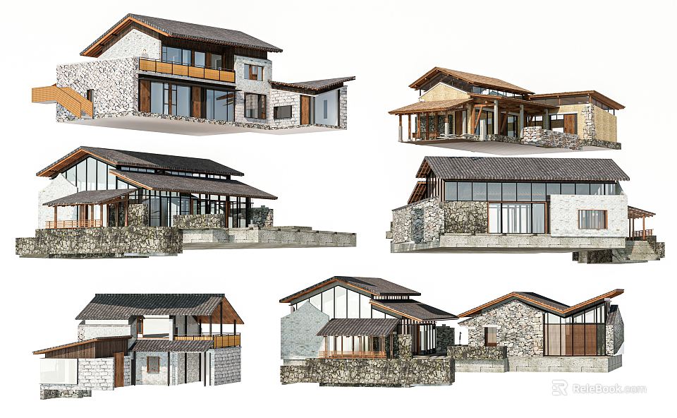 Traditional Style Houses With Tile Roofs Wooden Structures And Stone Walls 3d model 