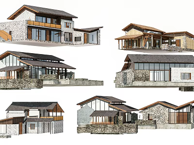 Traditional Style Houses With Tile Roofs Wooden Structures And Stone Walls 3d model