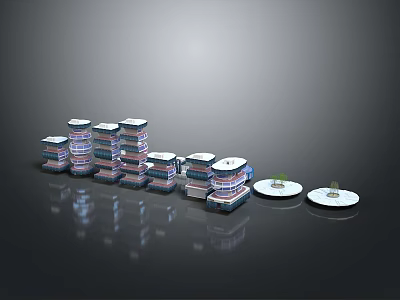 Multiple Stacked Building Models With Various Colors And Circular Bases On Reflective Surface 3d model
