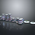 Multiple Stacked Building Models With Various Colors And Circular Bases On Reflective Surface