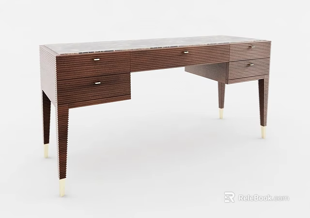 Walnut Wood Desk With Multiple Drawers And Stylish Golden Accent Legs 3d model 