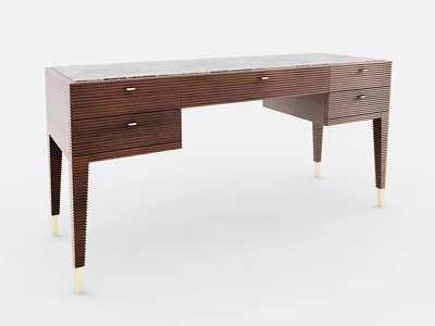 Walnut Wood Desk With Multiple Drawers And Stylish Golden Accent Legs 3d model