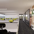 Modern Public Office Space With Cubicles Yellow Chairs Pendant Lights And Green Plants