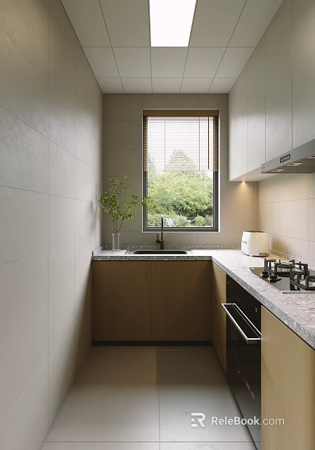 Modern Kitchen Interior Design With Window Blinds Green Plants Marble Countertop Wooden Cabinets Stove And Appliances 3d model 