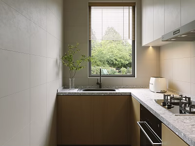 Modern Kitchen Interior Design With Window Blinds Green Plants Marble Countertop Wooden Cabinets Stove And Appliances 3d model