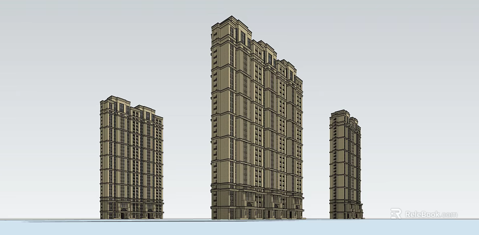Three Modern High Rise Buildings With Elegant Exterior Facade And Windows 3d model 