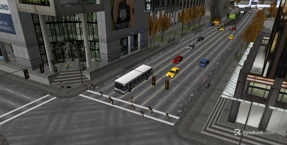 Vibrant Commercial Street with Tall Buildings Buses Taxis and Pedestrians 3d model 