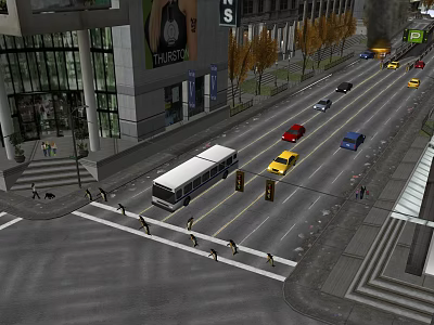 Vibrant Commercial Street with Tall Buildings Buses Taxis and Pedestrians 3d model
