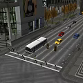 Vibrant Commercial Street with Tall Buildings Buses Taxis and Pedestrians