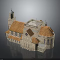 Historic Church Building With Red Tile Roof Tower Spire Light Stone Exterior and Arched Windows